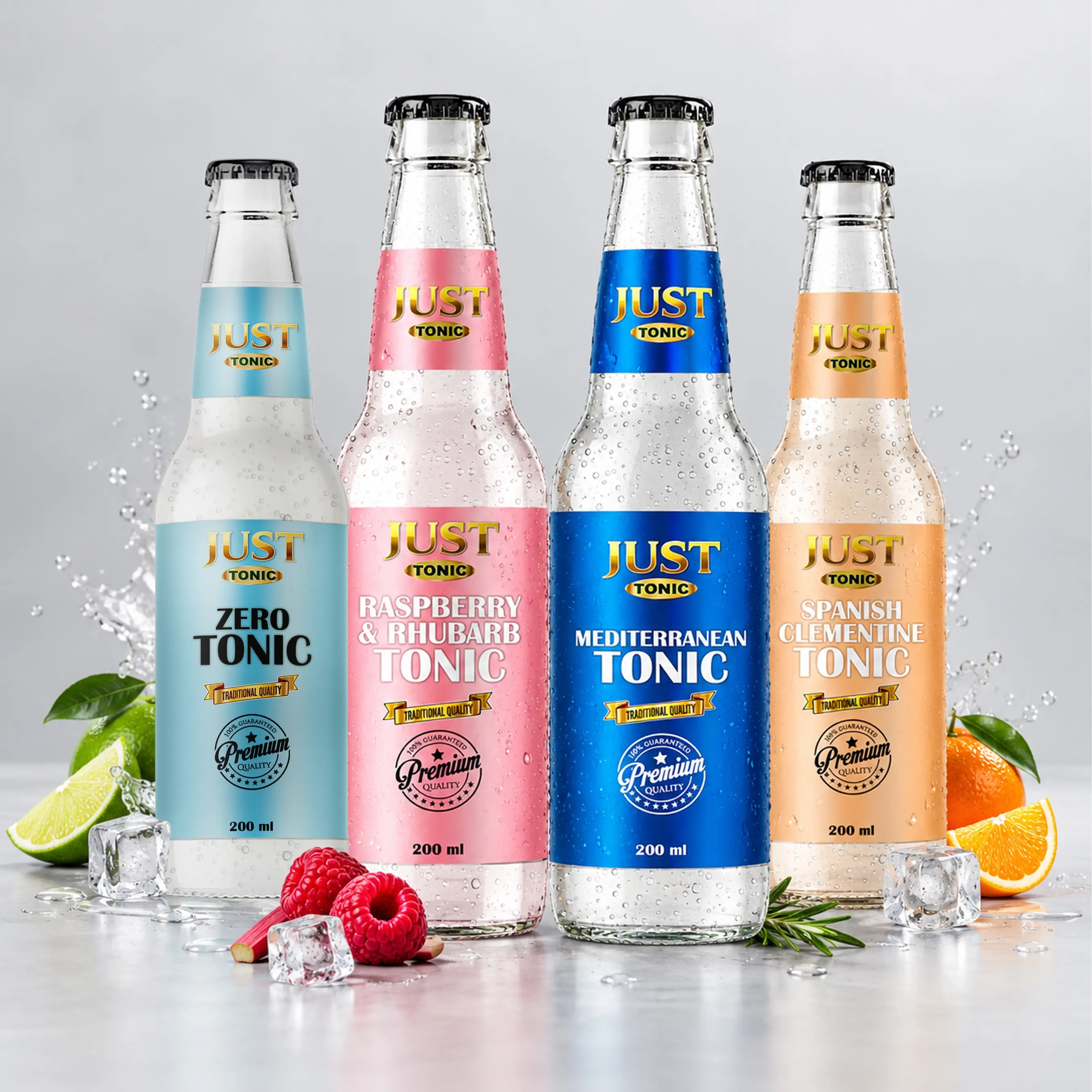 JUST Tonic 200ml glass bottles featuring Zero, Raspberry &amp; Rhubarb, Mediterranean, and Spanish Clementine flavours with ice and fresh fruit.